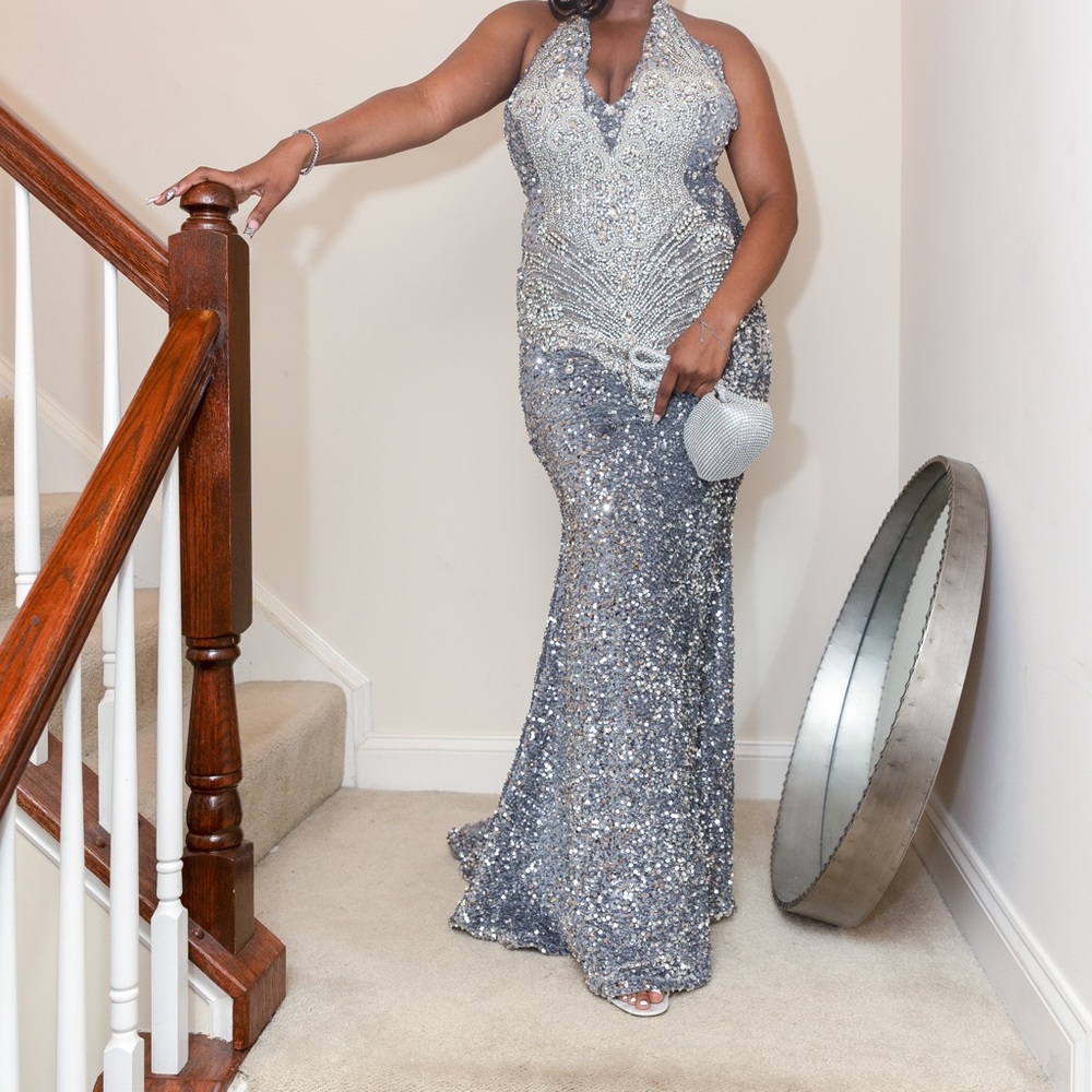 Silver Sequin Halter Gown
